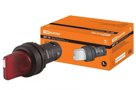 TDM ELECTRIC SQ0746-0061 Переключатель на 2  положения с фиксацией SB7-CK2465-220V короткая ручка(LED) d22мм 1з+1р красный TDM